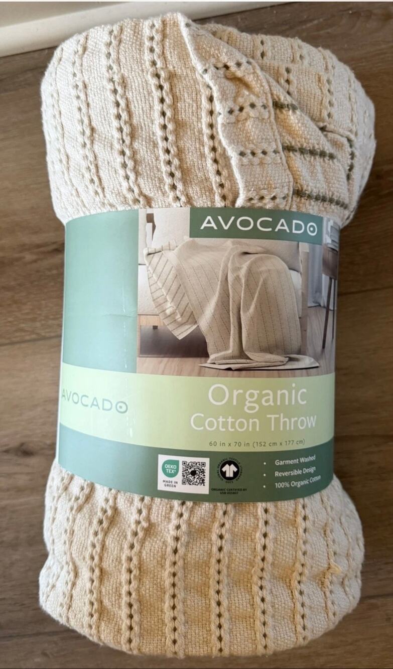 New Avocado Organic Cotton Green Stripe Beige Throw Blanket 60x70